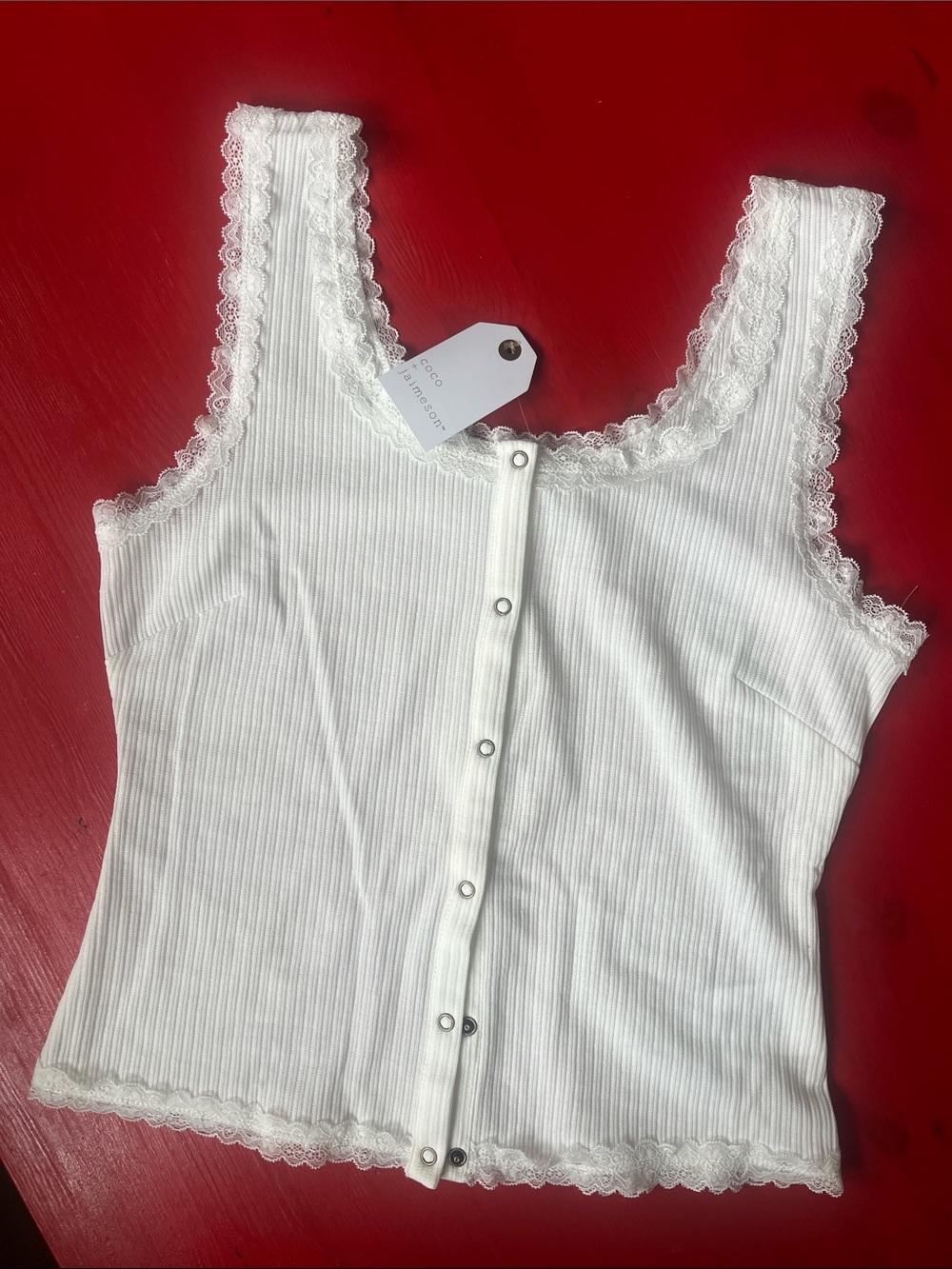 Women's White Lace-Trim Snap-Front Ribbed Camisole